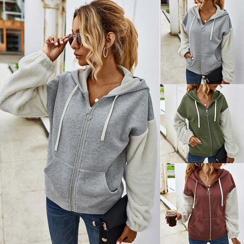 Contrast patchwork hooded long-sleeved casual jacket